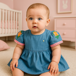 VESTIDO JEANS MANGA BORDADA  PARA BEBÊ