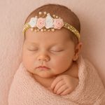 Faixa de Cabelo Bebê de Strass com Quatro Flores e Pérolas