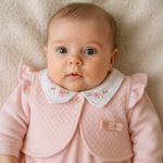Conjunto Macacão Bebê Gola Bordada e Coletinho Rosa