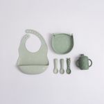 KIT ALIMENTACAO 6 PCS PRATO C/ VENTOSA COPO BABADOR 3 COLHERES DE SILICONE 