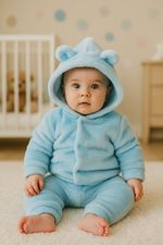CONJUNTO BEBÊ MENINO DE PELÚCIA CAPUZ COM ORELHINHAS E CALÇA
