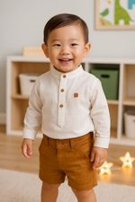 CONJUNTO INFANTIL CAMISA ALGODÃO E BERMUDA SARJA CARAMELO