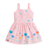 VESTIDO INFANTIL ROSA ESTAMPADO COM LAÇOS NAS COSTAS E DETALHE FLORAL