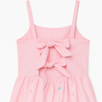 VESTIDO INFANTIL ROSA ESTAMPADO COM LAÇOS NAS COSTAS E DETALHE FLORAL