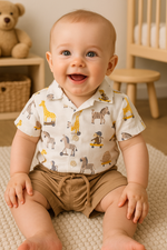 CONJUNTO BEBÊ MENINO CAMISA MANGA CURTA E BERMUDA DE SARJA