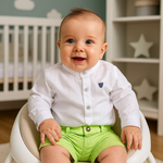 CONJUNTO BEBÊ MENINO BATA BRANCA E BERMUDA  EM SARJA 