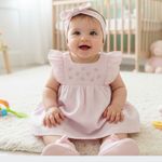 CONJUNTO BEBÊ VESTIDO+FAIXA  FLORES ROSA