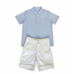 CONJUNTO INFANTIL CAMISA AZUL  E BERMUDA BRANCA