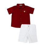 CONJUNTO INFANTIL MENINO CAMISA VERMELHA E BERMUDA BRANCA