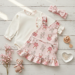 CONJUNTO BEBÊ FLORES BODY MANGA LONGA E SALOPETE
