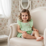 CONJUNTO INFANTIL MENINA BLUSA BABADOS VERDE MENTA E SHORTS BRANCO