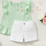 CONJUNTO INFANTIL MENINA BLUSA BABADOS VERDE MENTA E SHORTS BRANCO