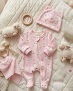 MACACÃO PIJAMINHA CARNEIRINHOS  BEBÊ MENINA COM GORRO COMBINANDO