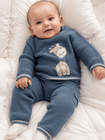 CONJUNTO BEBÊ TRICÔ BLUSA GIRAFINHA E CALÇA AZUL
