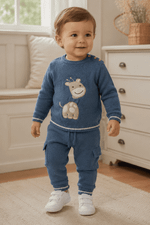 CONJUNTO INFANTIL TRICÔ BLUSA GIRAFINHA E CALÇA AZUL