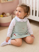 CONJUNTO INFANTIL MENINA JARDINEIRA COM BORDADOS DE COGUMELOS E BODY CAMISA