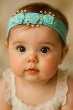 FAIXA DE CABELO BEBÊ COM FLORES EM CETIM E PÉROLAS