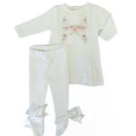 VESTIDO CONJUNTO EM TRICÔ BATIZADO BORDADO FLORES E CALÇA