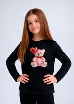 Manga Longa Quentinha Preta Urso Rosa