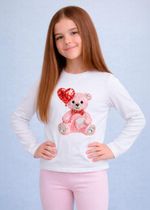 Manga Longa  Quentinha Branca com Urso Rosa
