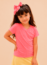 T-shirt Manga Curta Decote em V Rosa Neon