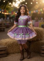 Vestido Junino Lilás com Laços Verdes