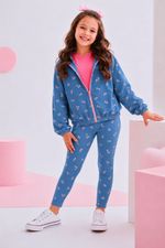 Jaqueta Infantil Com Capuz  Azul com Flores Rosa