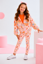Jaqueta Infantil Com Capuz  Rosa com Folhas Coloridas