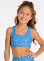 Top Infantil Azul com Flores Rosa