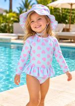 Maiô Infantil Azul com Coração Lilás Com Zíper