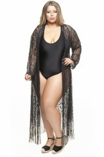 Kimono Plus Size, Franjas, Preto E Dourado