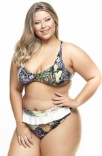 Calcinha Plus Size Alta E Cavada Tropical Dark Com Babado Pérola