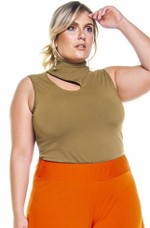 Blusa Plus Size, Ombro Vazado, Sem Forro, Cacharrel, Oliva