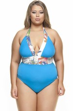 Maiô Plus Size Frente Única Bojo Removível Azul E Estrela Do Mar