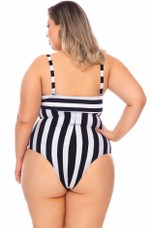 Maiô Tomara Que Caia Plus Size Com Bojo Listrado Branco E Preto