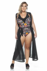 Kimono Plus Size Longo, Aberto, Cinto Para Amarrar, Devorê Preto