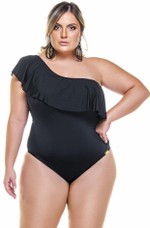 Maiô Plus Size Um Ombro Só Com Babado E Bojo Preto