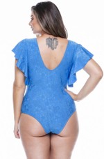 Maiô Plus Size Com Bojo E Babado Nos Ombros Azul Texturizado