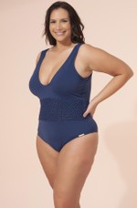 Maiô Plus Size Detalhe Em Macramê Feito À Mão, Com Bojo, Azul Marinho