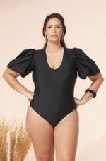 Maiô Plus Size Com Manga Bufante, Bojo, Preto