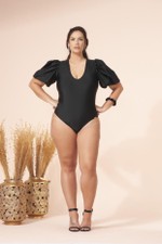 Maiô Plus Size Com Manga Bufante, Bojo, Preto