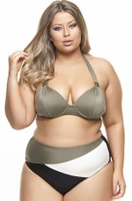 Calcinha Plus Size Alta Recortes Geométricos Preto, Pérola E Cedro