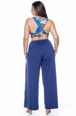 Calça Plus Size Com Bolso, Franzida Na Cintura, Azul Marinho