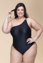 Maiô De Ombro Só Plus Size, Com Bojo E Detalhe Dourado Preto Canelado