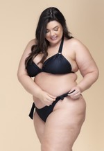 Calcinha Plus Size Com Amarração Lateral Preto Canelado