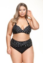 Calcinha Alta Plus Size com Transpasse Preto e Poá