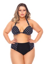 Calcinha Alta Plus Size com Transpasse Preto e Poá