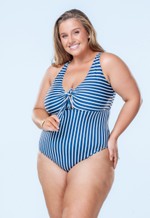 Maiô Plus Size Com Nó Entre Bustos, Listrado Marinho