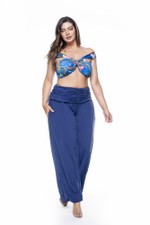 Calça Com Bolso, Franzida Na Cintura, Azul Marinho