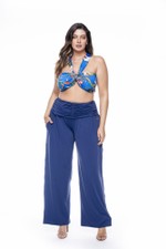 Calça Com Bolso, Franzida Na Cintura, Azul Marinho